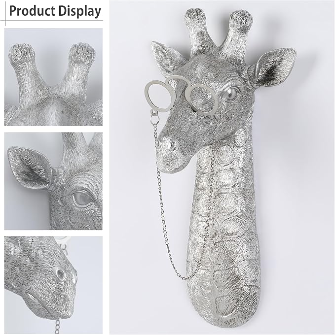 UITWMKTG Silver Animal Head Wall Decor Modern Home Decor Resin Animal Sculptures Wall Mount Vintage Head Wall Art for Living Room Hanging Decoration Giraffe