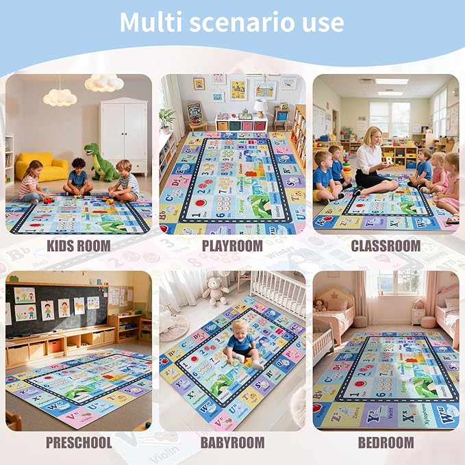Kids ABC Rug for Playroom, Classroom Alphabet Area Carpet Playmat,Washable Toddler Mat for Baby Room,Play Room,Bedroom,Floor,Nursery (Blue,6'x9')