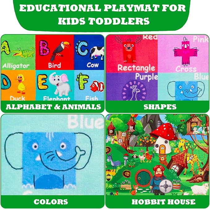 ABC Kids Rug for Playroom 59"×39.4" Hobbit House Educational Kids Playmat Alphabet Animal & Shape Learning, Premium Non-Slip Playmat for Toddlers Letters Farm Animals Color Classroom Carpet