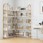 Semoic 5-Tier Gold Bookcase, L-Shape Corner Bookshelf White & Gold, Modern Display Shelf Book Shelves with Adjustable Foot, Freestanding Storage Shelves for Home Office Use