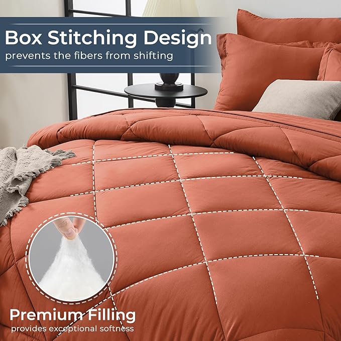 HEVUMYI Burnt Orange Cali-King Comforter Set - 7-Piece All Season Bed in a Bag Cali-King, Ultra Soft Bedding Set with Comforter, Flat Sheet, Fitted Sheet, Pillowcases, Pillow Shams