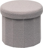 PINPLUS Round Storage Ottoman Cube Footrest - Versatile Boucle & Faux Teddy Fur Stool with Hidden Compartment for Living Room, Dorm, Bedroom - Grey, 15"x15"x13.2"