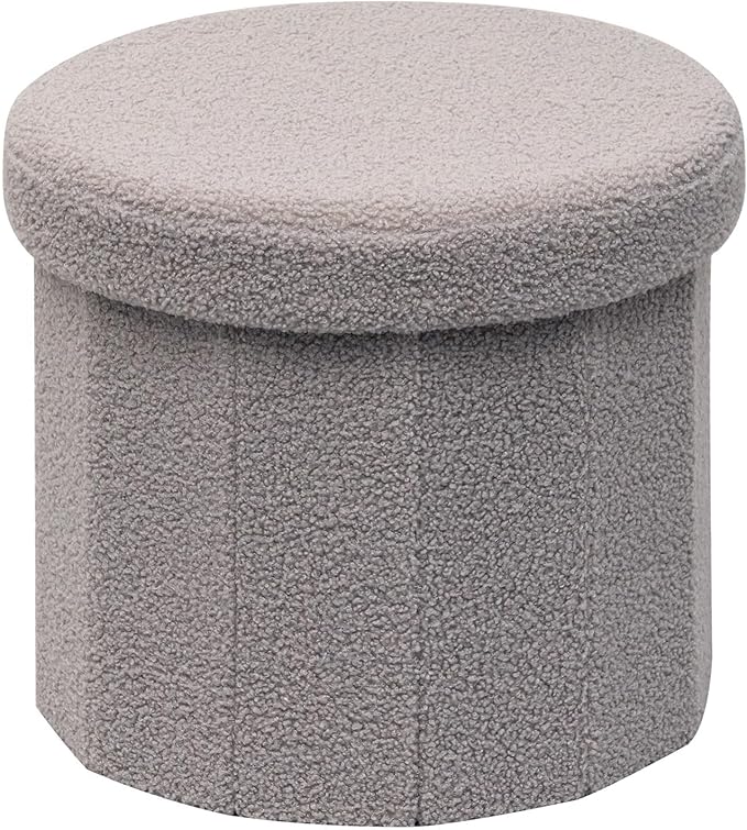 PINPLUS Round Storage Ottoman Cube Footrest - Versatile Boucle & Faux Teddy Fur Stool with Hidden Compartment for Living Room, Dorm, Bedroom - Grey, 15"x15"x13.2"