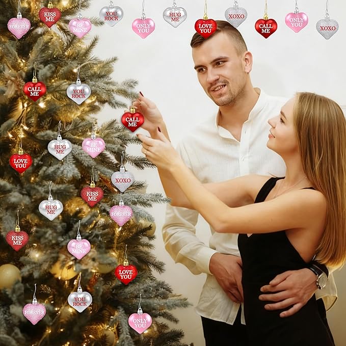 Tifeson 36Pcs Valentine's Day Heart Ornaments, Red Pink Silver Heart Shaped Valentine Ornaments for Tree Conversation Heart Decorations for Valentines Home Anniversary Decor