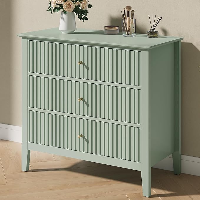 Large Sage Green 3 Drawer Dresser, Painted 30 Inch Tall Wood Nightstand with Storage, Wide Modern Chest of Drawers with Ball Bearing Slide for Bedroom Hallway Living Room Entryway Office