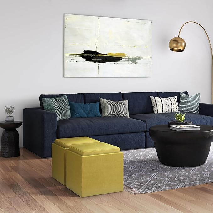 SIMPLIHOME Rockwood Cube Storage Ottoman with Tray - 17 inch Wide Upholstered Velvet Fabric Square Storage Ottoman in Dijon Yellow, Contemporary Cube Ottoman for Living Room with Serving Tray