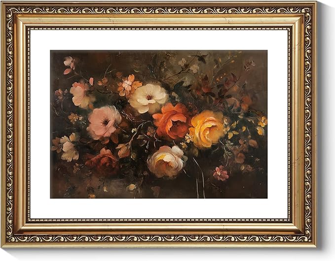 ARPEOTCY Vintage Gold Framed Wall Art Decor, 11x14 Inch Floral Picture Print Artwork, Fall Wall Art for Living Room Bedroom Office, Retro Autumn Bathroom Decor Aesthetic