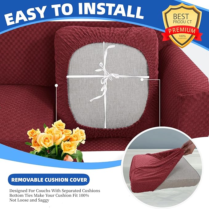 YEMYHOM Stretch Individual Cushion Covers Sofa Chair Seat Cushion Slipcovers Soft Couch Cover Replacement Large Checkered Furniture Protector with Elastic Bottom (1 Pc Cushion Cover, Wine Red)