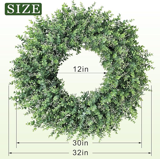 32'' Eucalyptus Wreath for Front Door - Large Artificial Eucalyptus Leaves with White Seeds Greenery Outdoor Wreath for Porch,Window,Farmhouse,Home,Hanging Decor- Spring, Summer, All Seasons (Green) ﻿