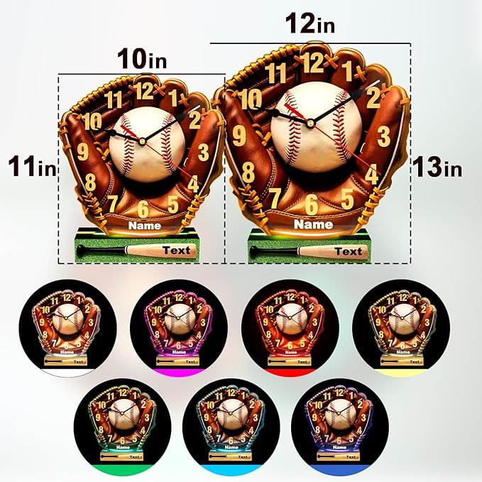 Customized Name Baseball Led Night Desk Clock,Bedroom Time Night Light,Quartz Movement,Silent Pointers,10,12 in,Baseball Themed Birthday Gift Decorating Boy's Room