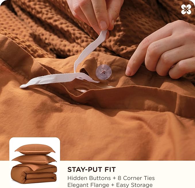 Bedsure Cotton Duvet Cover Queen Size - 100% Cotton Waffle Weave Terracotta Duvet Cover Queen Size, GentleSoft™ and Breathable Bedding Set for All Season, 3 Pieces, 90"x90"