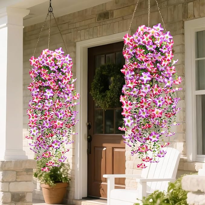 Waipfaru Artificial Petunias Flowers for Outdoors, 4 Pcs UV Resistant Fake Hanging Plants Spring Outside Decor, Faux Silk Flowers Long Trailing Vines for Outdoor Planters Porch Garden (Purple Fuchsia)