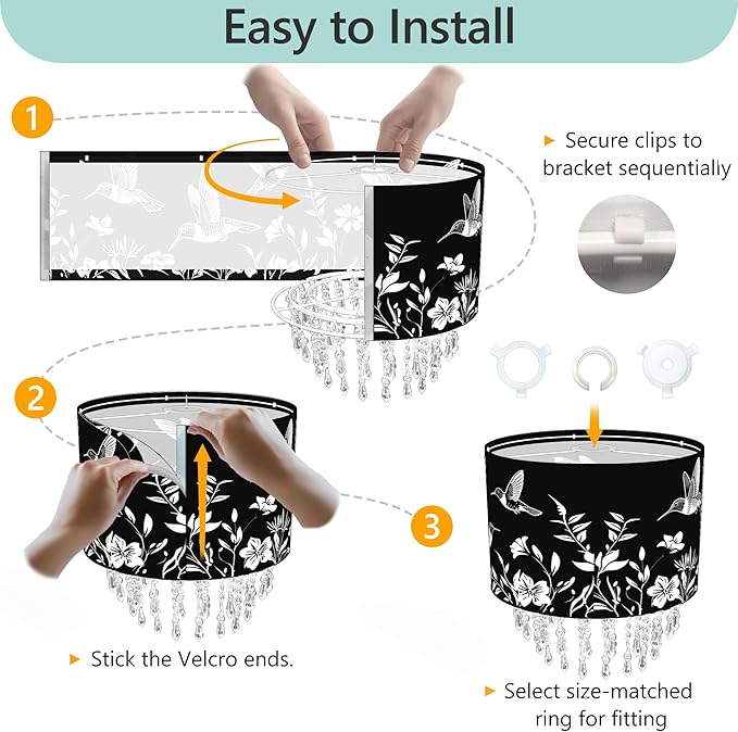Hummingbird & Floral Lamp Shade with Crystal Bead Droplets, Black & White Drum Fabric Light Shade for Ceiling Pendant Table & Floor Lamps, Nature-Inspired Decor, 11.8in
