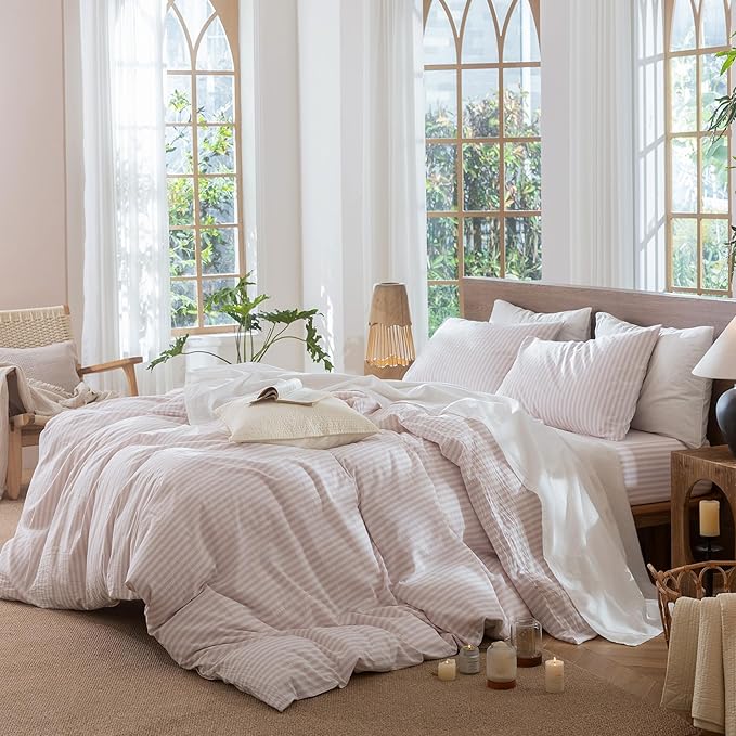 MooMee Striped Duvet Cover Set 100% Washed Cotton Linen Like Textured Breathable Durable Soft Comfy (Heathered Greyish Pink Classic Stripes, Full 80"x90")