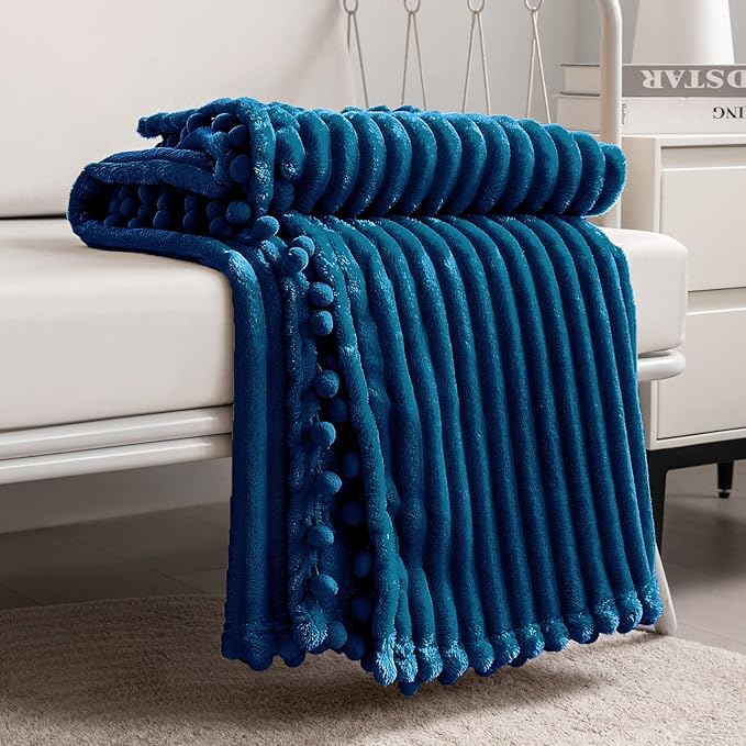DISSA Fleece Blanket Queen Size – 90x90, Blue - Soft, Plush, Fluffy, Fuzzy, Warm, Cozy – Perfect Throw for Couch, Bed, Sofa - with Pompom Fringe - Flannel Blanket