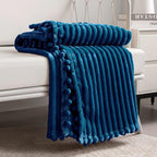 DISSA Fleece Blanket Queen Size – 71x80, Blue - Soft, Plush, Fluffy, Fuzzy, Warm, Cozy – Perfect Throw for Couch, Bed, Sofa - with Pompom Fringe - Flannel Blanket