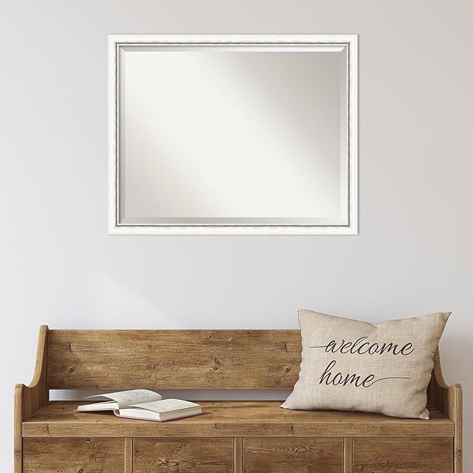 Amanti Art White Wall Mirror 24x30 Morgan White Silver Rectangle Bathroom Mirror for Wall Decor Living Room, Large Modern Wood Frame, Hangs Horizonally and Vertically, Bathroom Decor, Beveled Edge