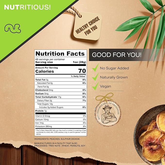 NUT CRAVINGS - Dried California Peaches, No Sugar Added, Unsweetened (48oz, 3 LB) Tu Bishvat Favorite - Sweet Healthy Snack, Vegan, Kosher, Resealable Bag