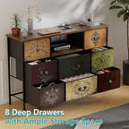 Pattern Dresser with LED Lights and Power Outlets, Dresser TV Stand with 8 Drawers for 55" TV, Fabric Chest of Drawers for Bedroom, Living Room, Entryway