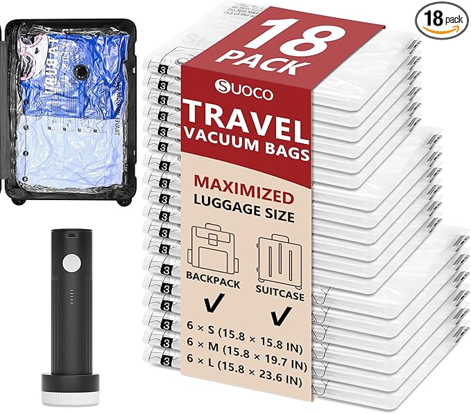 18 Pack Travel Vacuum Storage Bags for Clothing with Rechargeable Electric Pump, Compression Packing Cubes Organizer for Luggage Suitcase, Space Saver Seal Bags for Vacation Cruise