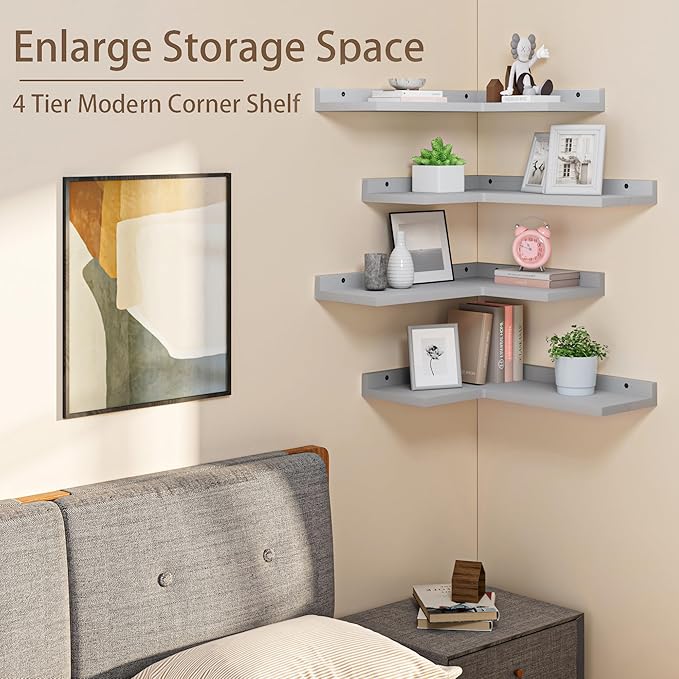 4 Tier Floating Corner Shelves Grey Set of 4, Rustic Pine Wooden Floating Corner Wall Shelf for Wall Décor Storage, L Shaped Corner Shelf Wall Mount for Bedroom, Living Room, Bathroom, Kitchen.