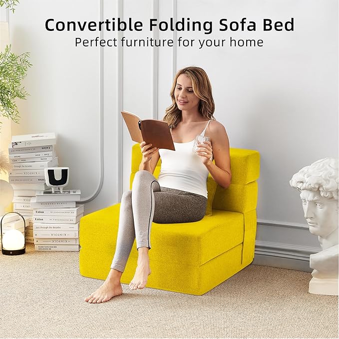 FILUXE Convertible Folding Sofa Bed-Sleeper Chair with Pillow, Modern Linen Fabric Floor Futon Couch, Foldable Mattress for Living Room/Dorm/Guest Use/Home Office/Apartment,Single Size,Yellow