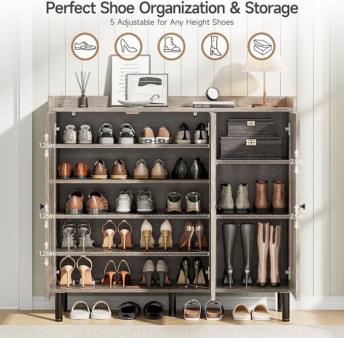 ONBRILL Shoe Cabinet with 3 Doors and Adjustable Shelves, 30 Pairs Shoe Storage Cabinet, 40 Inch Tall Farmhouse Shoe Rack Shoe Organizer Cabinet for Entryway Living Room Closet, Gray Wash