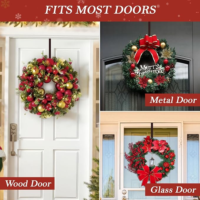 12" Metal Wreath Door Hanger, Non-Scratch Wreath Hangers for Front Door, Heavy Duty Over-the-Door Hooks for Hanging Welcome Sign, Easter, Halloween, Fall, Christmas Decoration, Holds up to 20 lbs