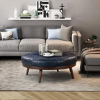 POLY & BARK Gio Ottoman – 30” Round with Feather-Down Topper – Full-Grain Leather Upholstery – Couch Ottoman for Living Room – Vintage Italian Leather in Midnight Blue
