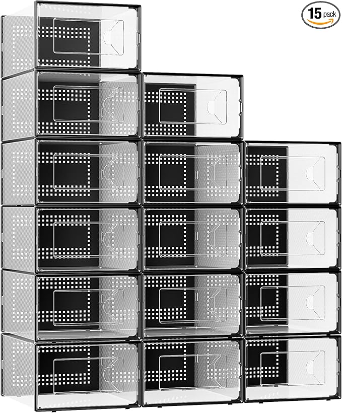 X-Large Shoe Storage Box, 15 Pack Clear Plastic Stackable Shoe Organizer for Closet, Interlocking Design Shoe Container Bins for Sneakers, Foldable Shoe Rack with Lids, Black