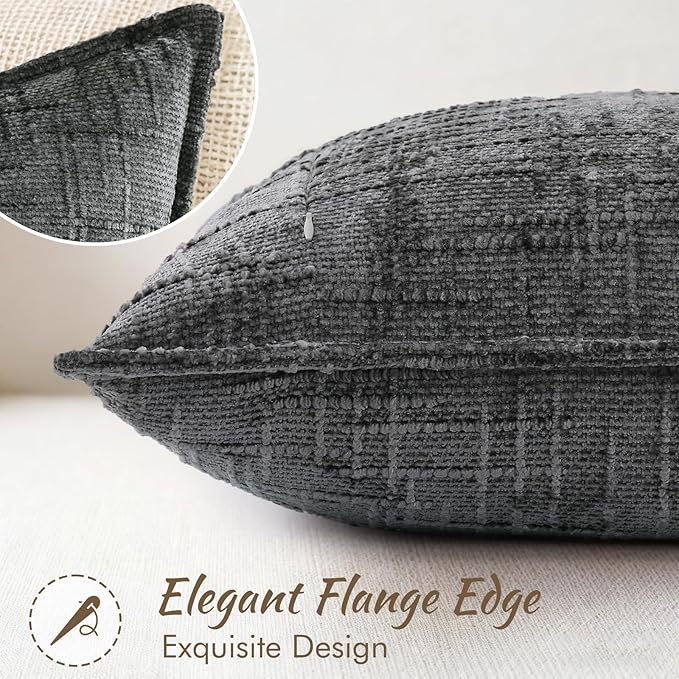 decorUhome Chenille Throw Pillow Covers 16x16 Set of 2, Thick Textured Slubby Neutral Decorative Pillow Covers with Elegant Design for Couch, Sofa, Living Room, Dark Grey