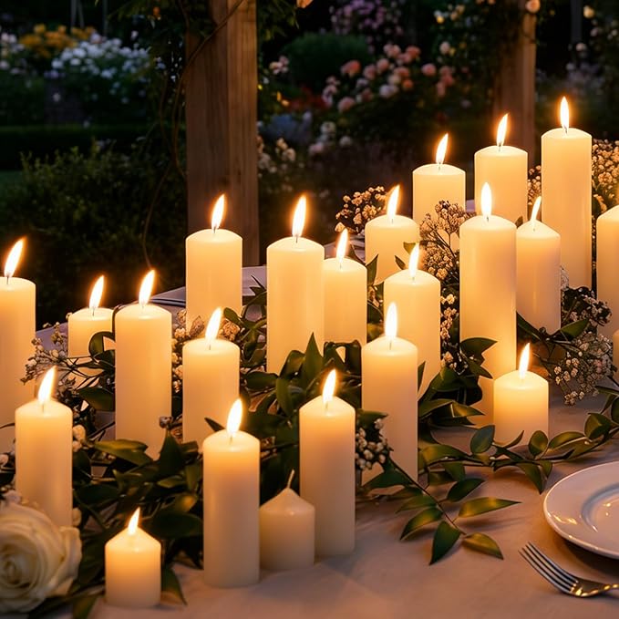 Pillar Candles Bulk Set - Unscented, Smokeless, Dripless | 3 Sizes: 2x3, 2x6, 2x8 Inches | Ideal for Weddings, Christmas & Home Decor (72, Ivory White)