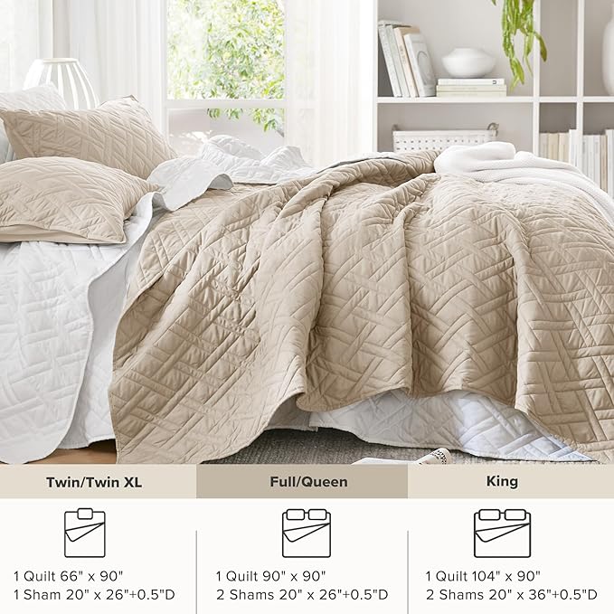 Comfort Spaces Queen Quilt Set Modern Reversible Diamond Coverlet Queen Bedding Set Cozy Quilted Winter Layer, All Season Lightweight Soft Queen Size Quilt, Kienna, Full/Queen Beige Diamond 3 Piece