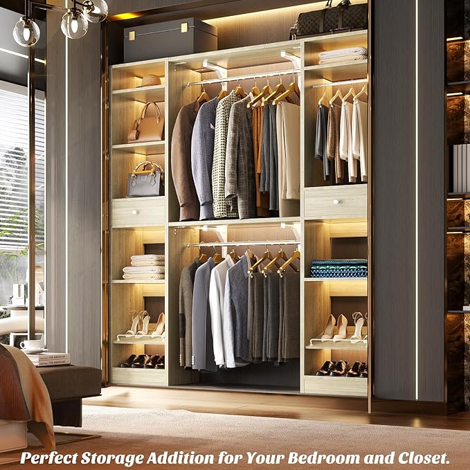 Unikito 58" W - 90" W Closet System, Large Walk in Closet Organizer with 3 Hanging Rods and Shelves, Heavy Duty Wood Closet Wardrobe with 2 Drawers and Shoe Rack, Reversible Clothing Rack, White Oak