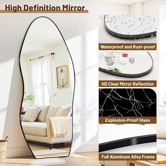 Antok Full Length Mirror, 76"x36" Floor Mirror with Stand, Standing Hanging Leaning Irregular Mirrors for Bedroom Living Room Entryway, Wavy Shaped, Black