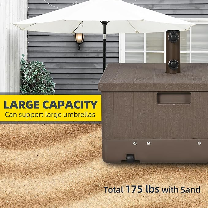 Outsunny 3-in-1 Outdoor Umbrella Base, Coffee End Table, Planter Box with Drain Hole, 175 lbs. Capacity Heavy Duty Fillable Patio Umbrella Stand Table with Wheels and Handles for Deck, Poolside, Brown