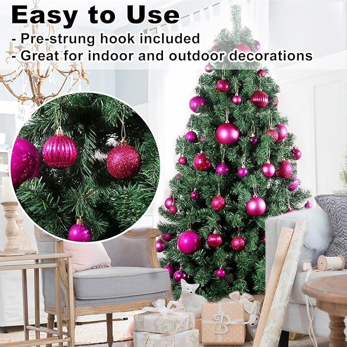 Fuchsia 2.5" Christmas Balls Christmas Tree Decoration Ornaments Shatterproof Hanging Balls for Birthday Halloween Holiday Wedding Decorations Set of 24pcs