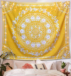 Lifeel Yellow Bohemian Tapestry Wall Hanging, Mandala Floral Medallion Hippie Tapestry with White Aesthetic Wreath Design, Gold Wall Decor Blanket for Bedroom Home Dorm,Large 68×80 inches