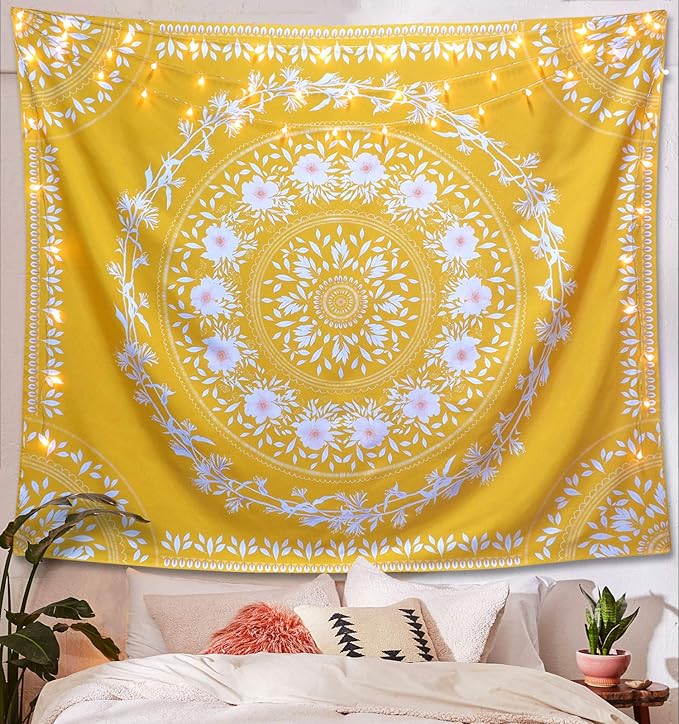 Lifeel Yellow Bohemian Tapestry Wall Hanging, Mandala Floral Medallion Hippie Tapestry with White Aesthetic Wreath Design, Gold Wall Decor Blanket for Bedroom Home Dorm,Small 50×60 inches