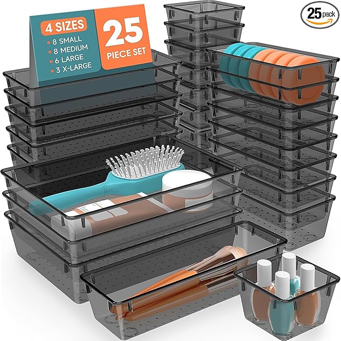 25 PCS Plastic Drawer Organizer Set, 4-Size Versatile Organizer Trays & storage Bins for Makeup, Jewelry, and Gadgets in Bathroom, Bedroom and Office,Clear Black