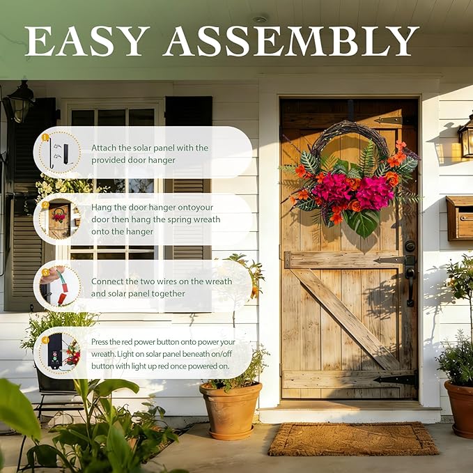 Solar Spring Wreath 24 inchWreath for Front Door Pre-lit 50LED Spring Decorations for Outside Flower Basket Summer Decor Wreath for Wall Festival Holiday Farmhouse Decor(2406)