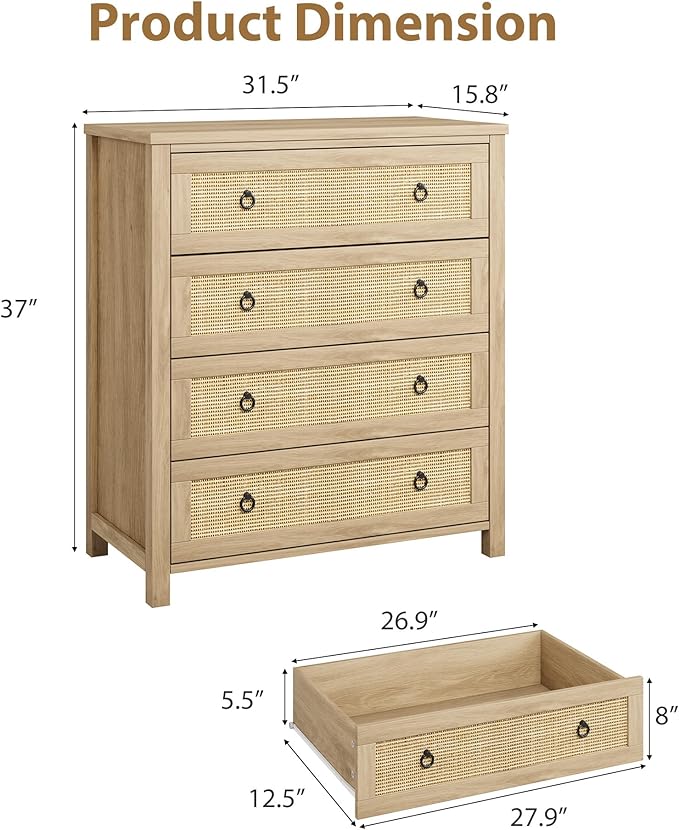 IDEALHOUSE Rattan Dresser for Bedroom, Chest of Dressers 37" Tall Dresser for Closet with 4 Rattan Drawers Chest with Clothes Storage Cabinet, Drawer Organizer for Bedroom, Living Room, Hallway