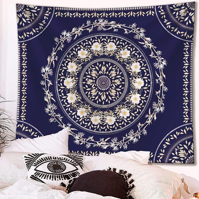 Lifeel Blue Bohemian Tapestry Wall Hanging, Mandala Floral Medallion Hippie Tapestry with White Aesthetic Wreath Design, Navy Wall Decor Blanket for Bedroom Home Dorm, Large 68×80 inches