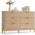 LINSY Fluted Dresser for Bedroom with 6 Drawers, Mid Century Modern Chest of Drawers with Gold Metal Handles, Wide Boho Wood Dressers, Large Farmhouse Storage Cabinet for Bedroom, Living Room, Oak
