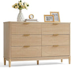 LINSY Fluted Dresser for Bedroom with 6 Drawers, Mid Century Modern Chest of Drawers with Gold Metal Handles, Wide Boho Wood Dressers, Large Farmhouse Storage Cabinet for Bedroom, Living Room, Oak