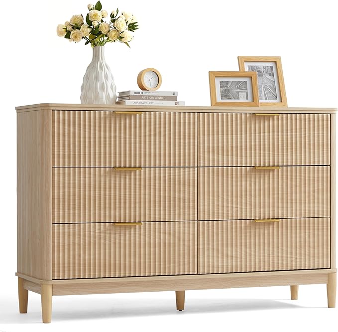 LINSY HOME Fluted Dresser for Bedroom with 6 Drawers, 54" Wide Mid Century Modern Dressers, Tall Boho Chest of Drawers, Large Wood Accent Storage Cabinet for Living Room, Curved Profile Design, Oak