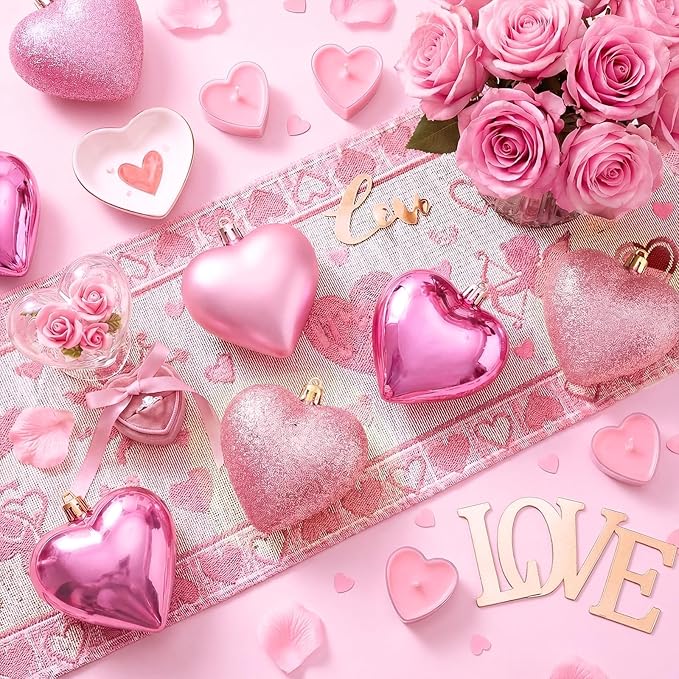 XmasExp Valentines Day Decor Heart Ornaments for Christmas Tree Decorations Set of 24 Pink Heart Shaped Bauble Perfect for Valentine's Day Wedding Anniversaries and Party Supplies（Pink）