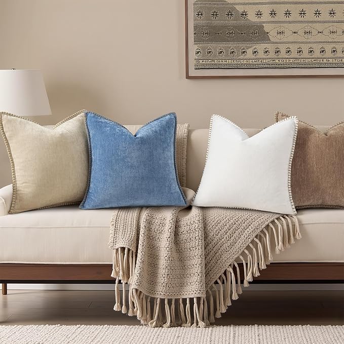 decorUhome Spring Chenille Soft Cozy Throw Pillow Covers 12x20 Set of 2, Modern Farmhouse Boho Velvet Decorative Pillow Cases with Stitched Edge for Couch Sofa Bed Home Decor, Brown