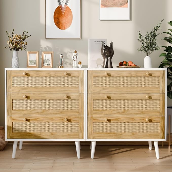 3 Drawer Storage Rattan Dresser, Boho Dresser Chest for Bedroom Hallway Living Room, Black