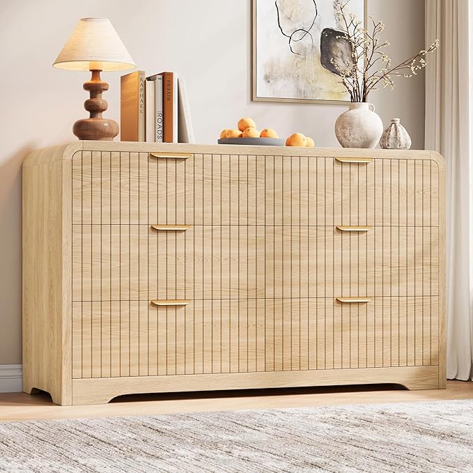 Modern 6 Drawer Dresser, 47" Wide Wood Dressers & Chests of Drawers Curved Profile Design, Mid Century Modern Fluted Dresser for Bedroom, Natural Oak
